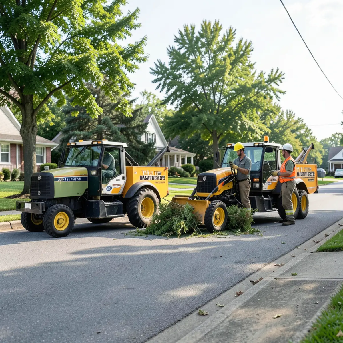 Total Tree Maintenance service trucks staged along a Lansing residential street