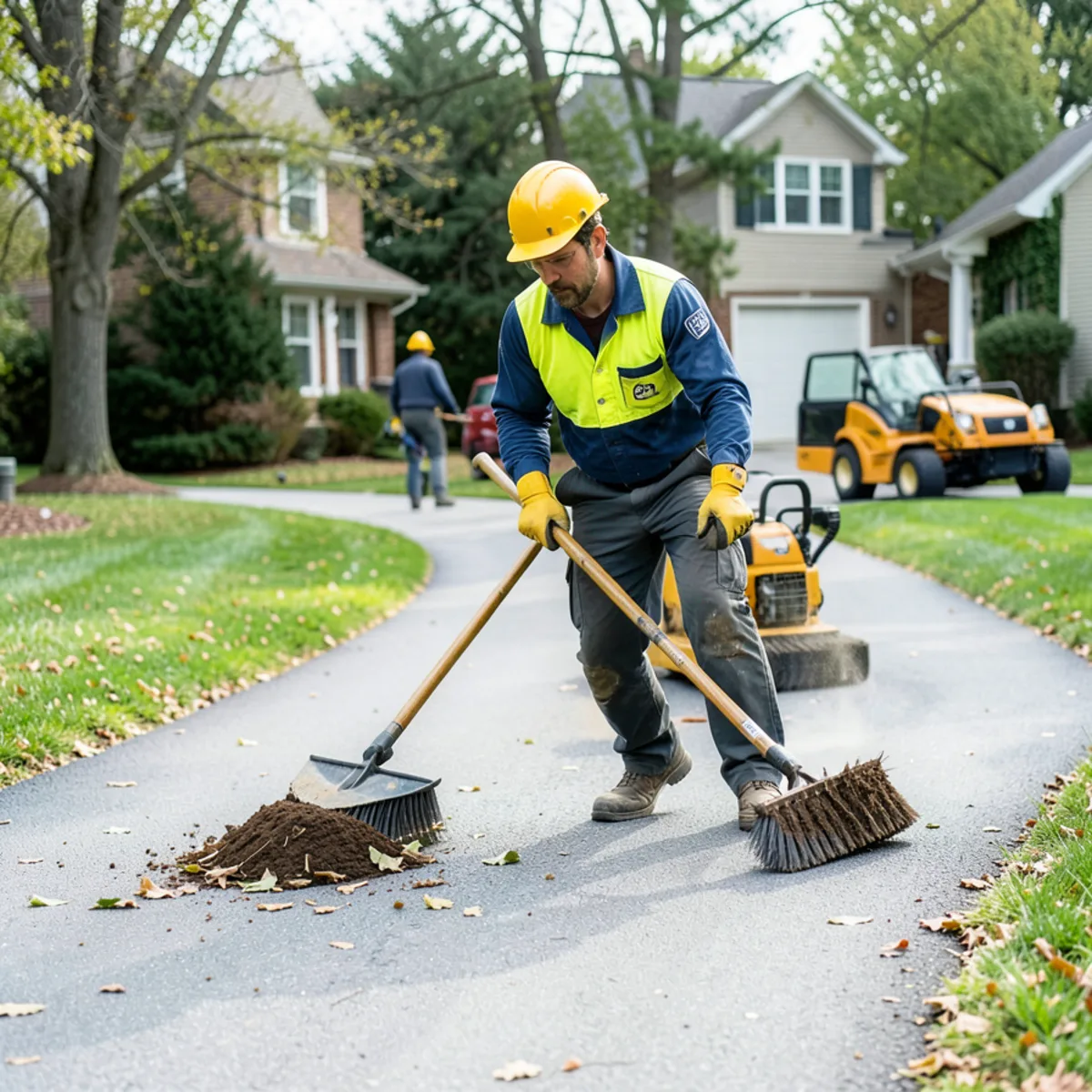 Total Tree Maintenance crew restoring lawn and cleaning up debris in Lansing
