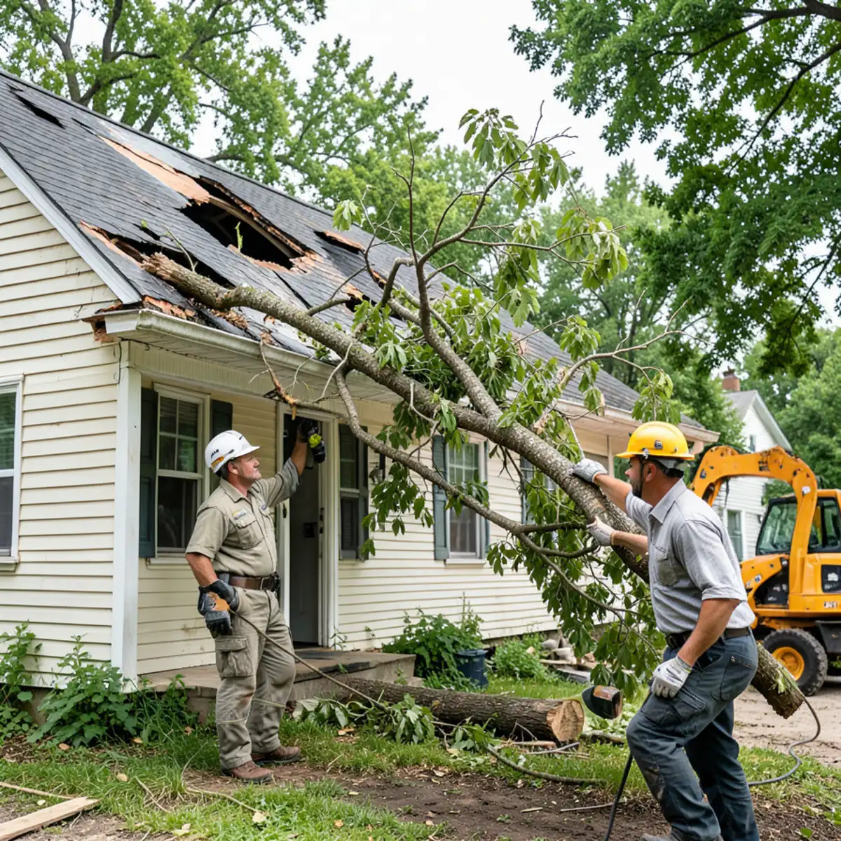 Insurance adjuster and tree expert reviewing storm damage on a Michigan home