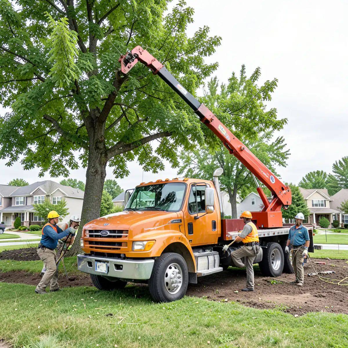 Tree service team pruning wind-stressed trees in a DeWitt MI subdivision