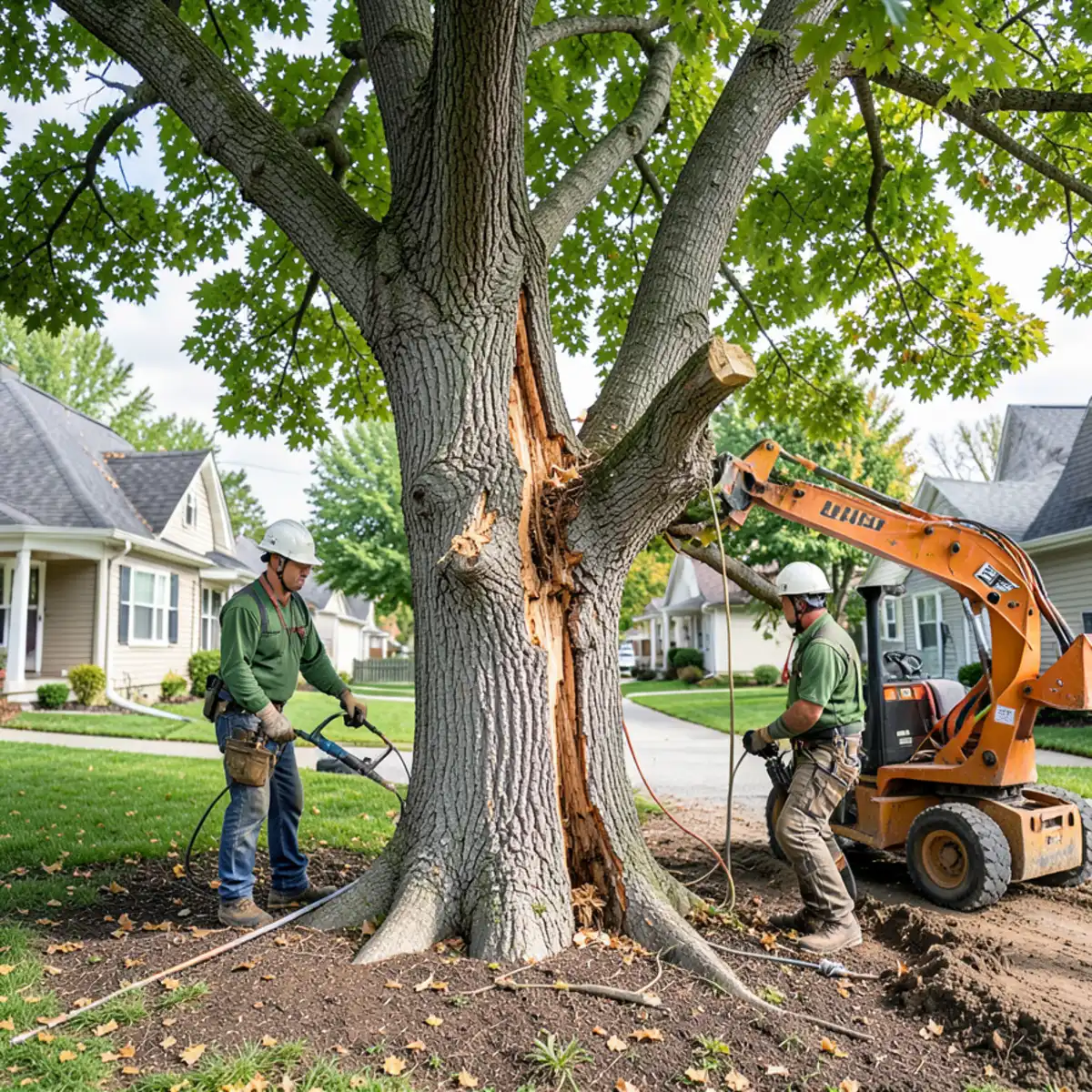 Tree crew dismantling a failing silver maple in a Delhi Township subdivision in Holt