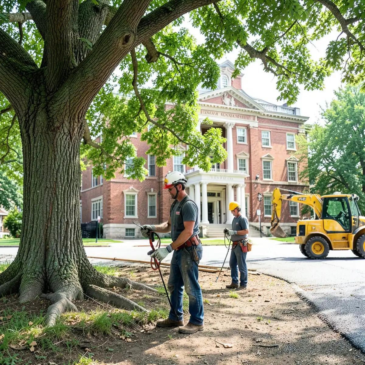 Tree crew servicing historic residential trees near courthouse square in Mason MI
